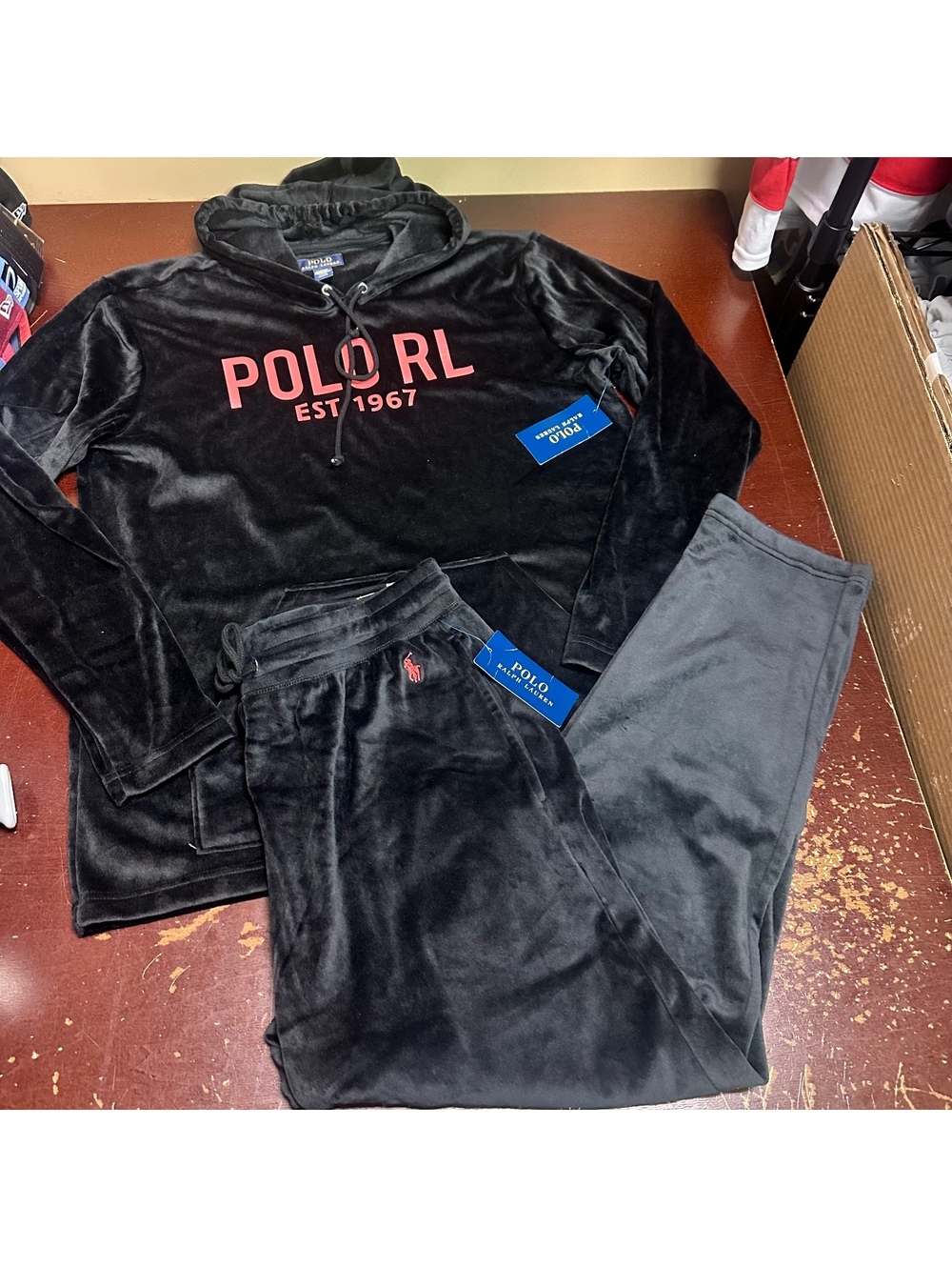 Polo Ralph Lauren Black red men’s velour hooded sweatsuit Large